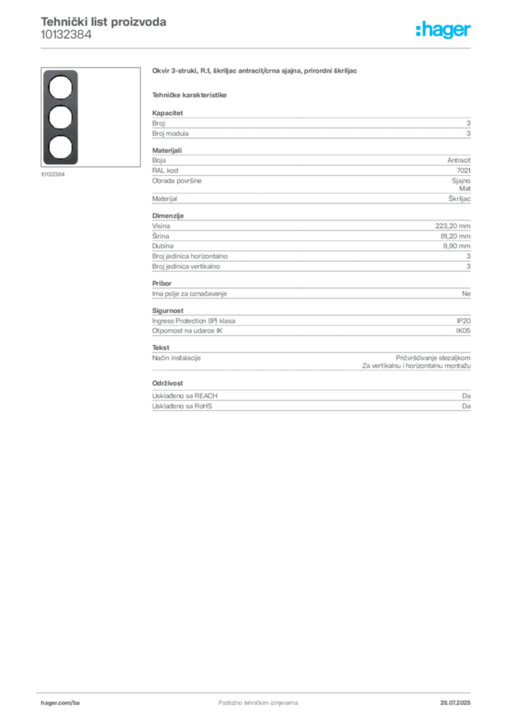Slika Hager Product data sheet 10132384  | Hager