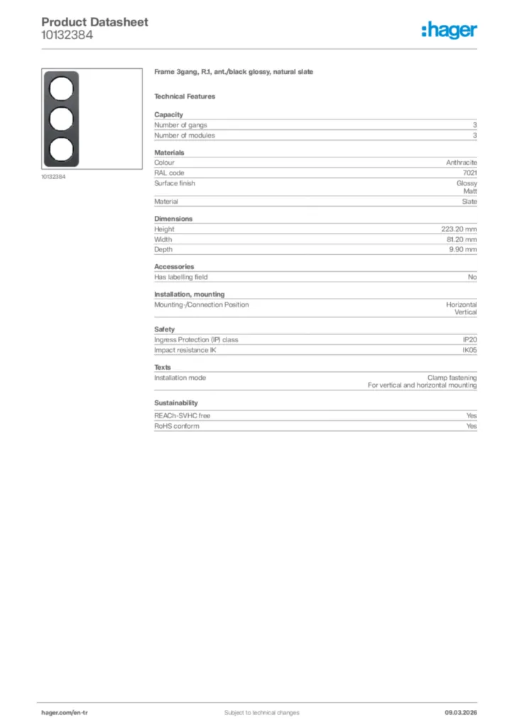 Image Hager Product data sheet 10132384  | Hager