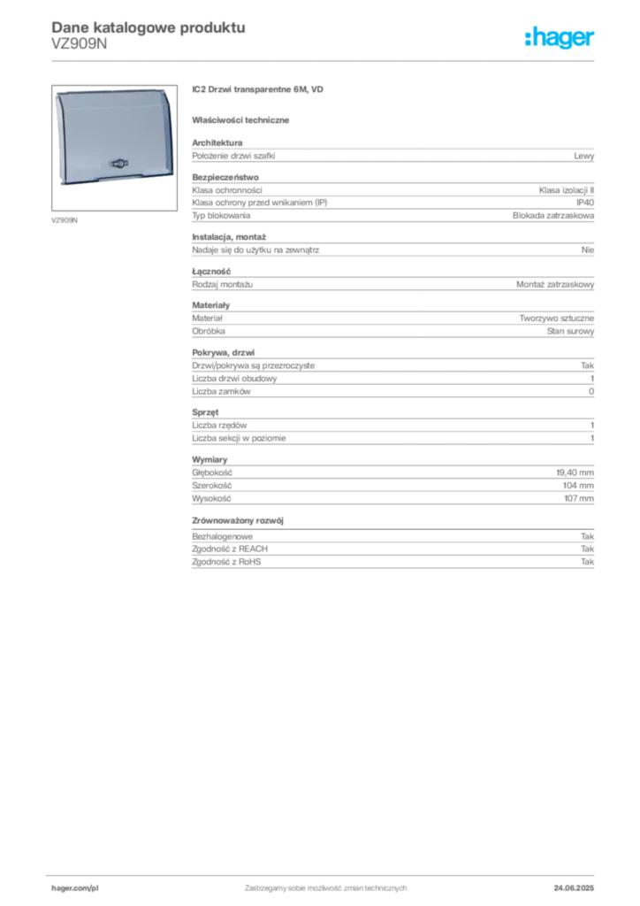 Zdjęcie Hager Karta katalogowa VZ909N | Hager Polska