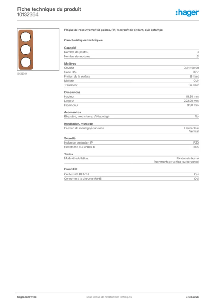 Image Hager Fiche technique du produit 10132364 | Hager Belgique