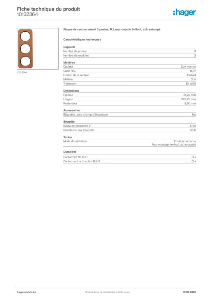 Image Hager Fiche technique du produit 10132364 | Hager Belgique