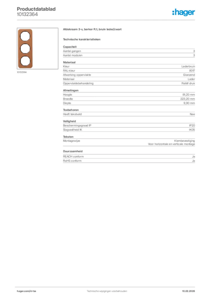 Afbeelding Hager Productdatablad 10132364 | Hager Belgium
