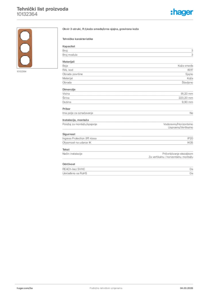 Slika Hager Tehnički list proizvoda 10132364  | Hager