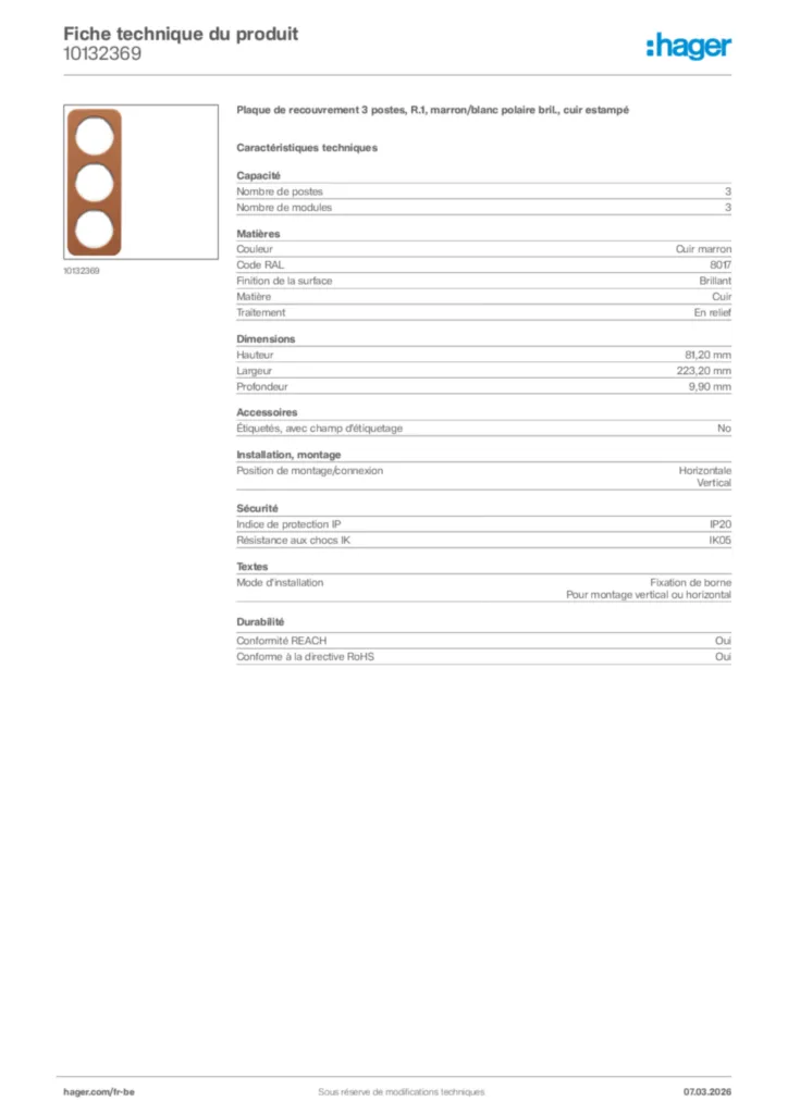 Image Hager Fiche technique du produit 10132369 | Hager Belgique