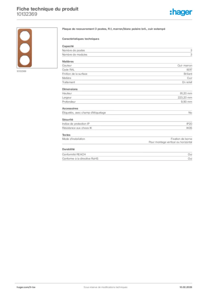 Image Hager Fiche technique du produit 10132369 | Hager Belgique