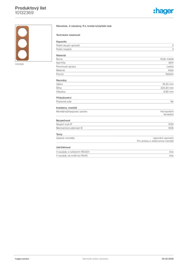 Obrázek Hager Product data sheet 10132369 | Hager