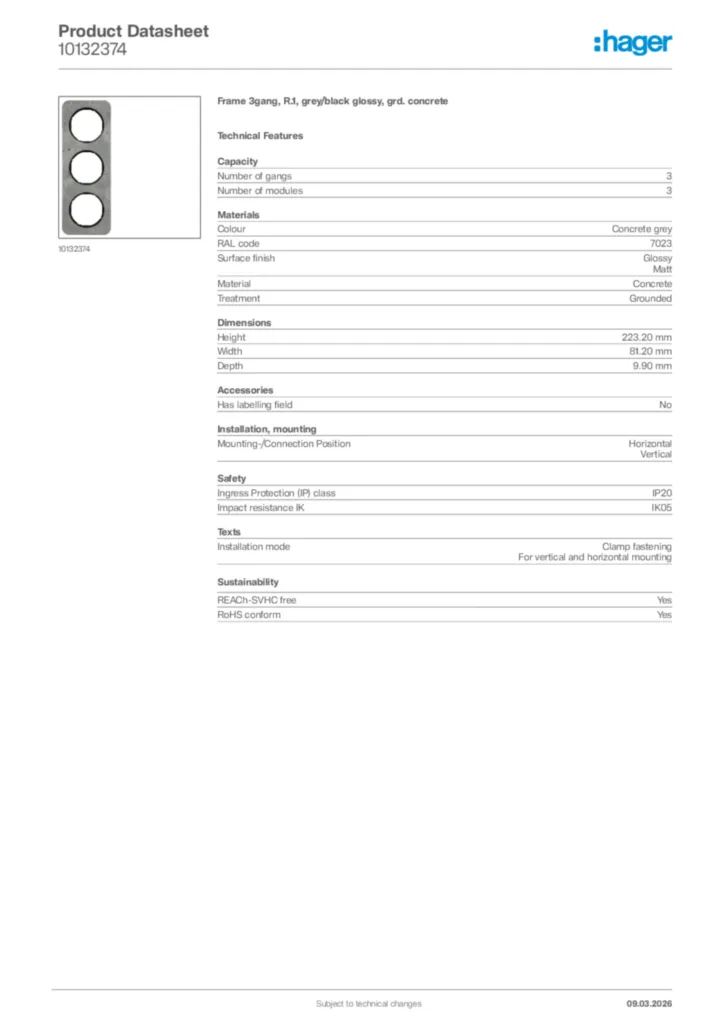 Image Hager Product data sheet 10132374  | Hager Africa