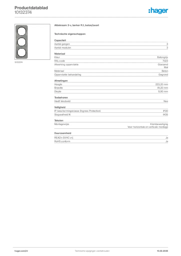 Afbeelding Hager Productdatablad 10132374 | Hager Nederland