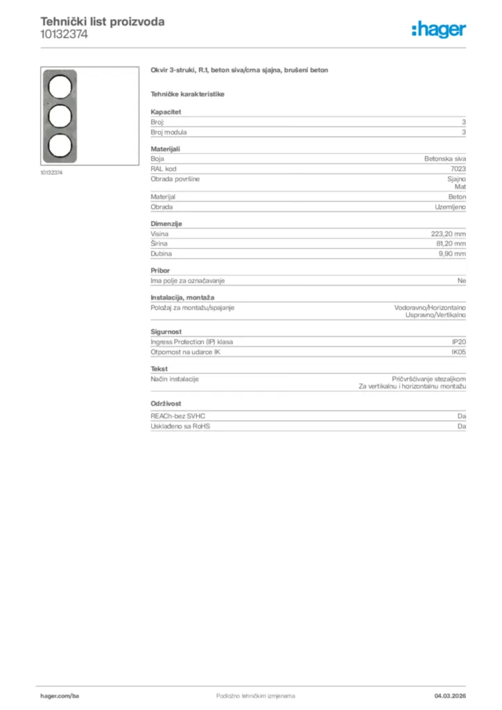 Slika Hager Tehnički list proizvoda 10132374  | Hager