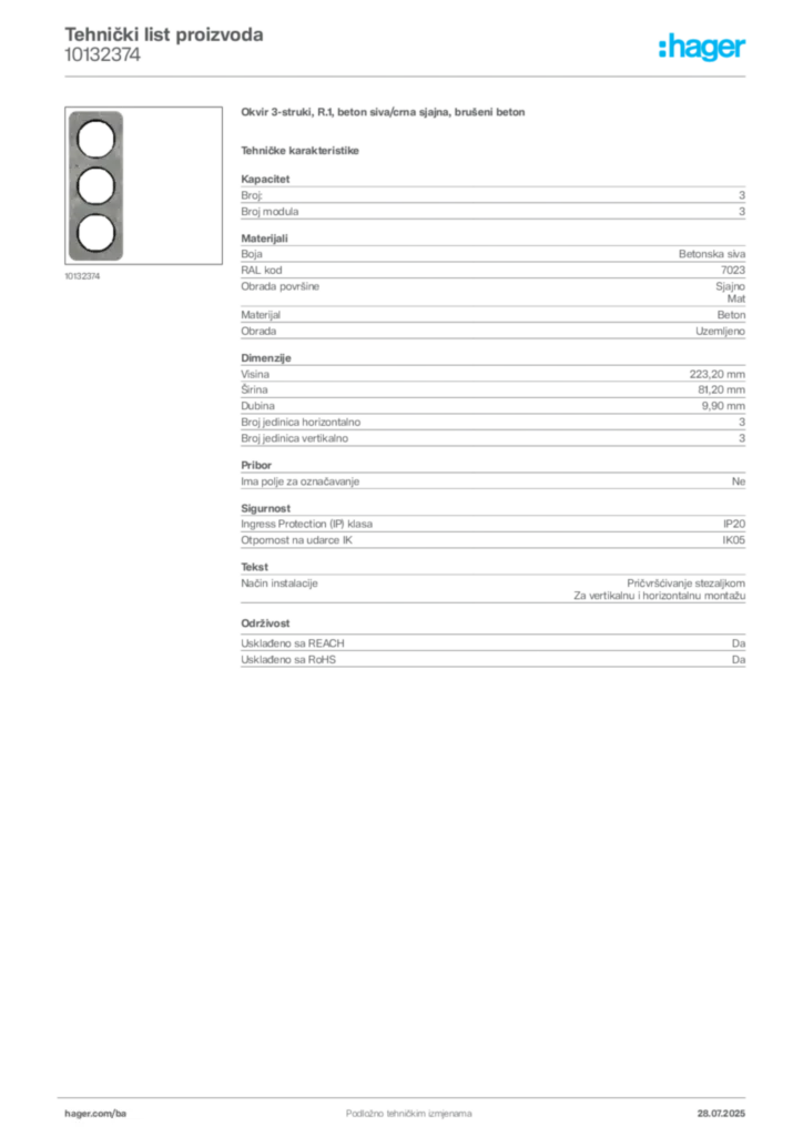 Slika Hager Product data sheet 10132374  | Hager