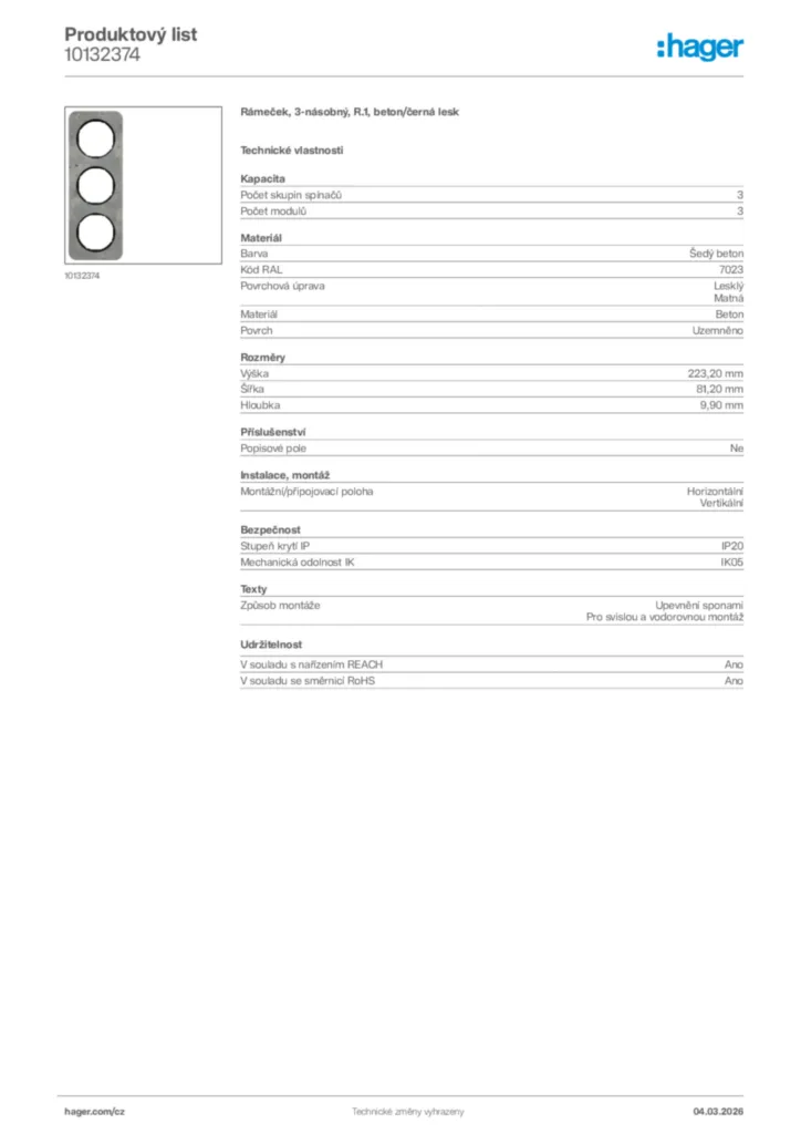 Obrázek Hager Product data sheet 10132374 | Hager