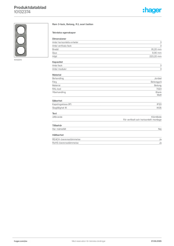 Bild Hager Produktdatablad 10132374 | Hager Sverige