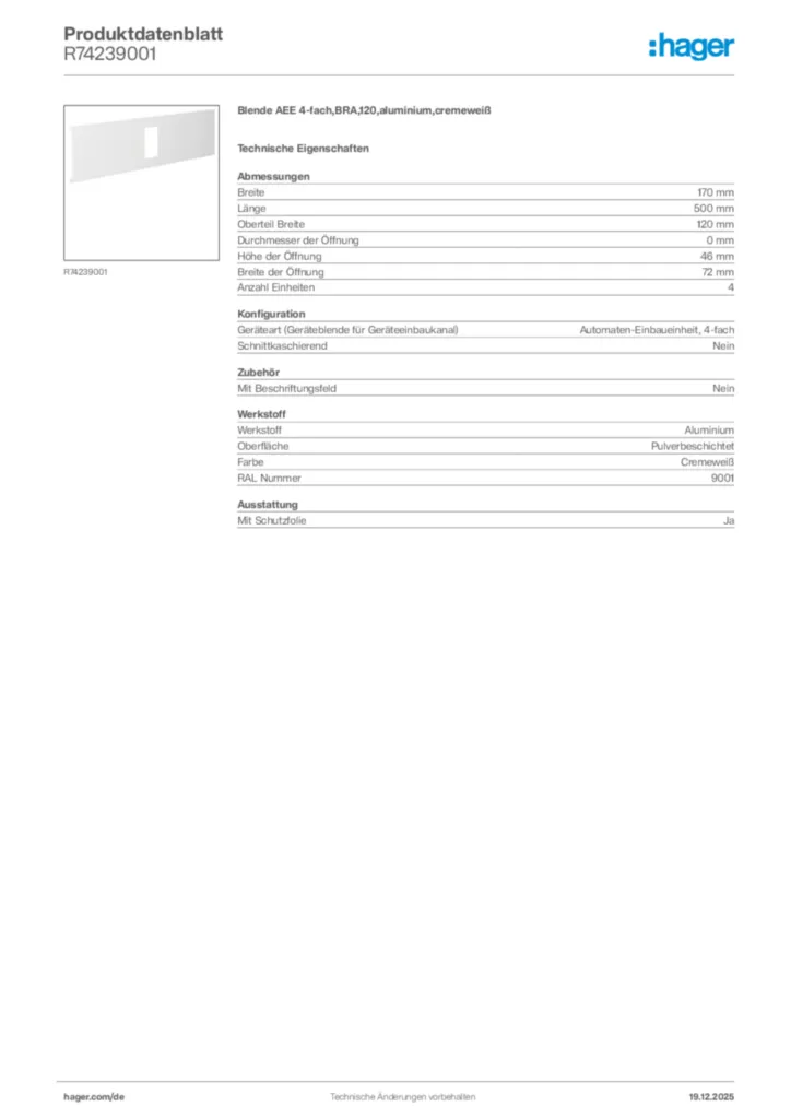 Bild Hager Produktdatenblatt R74239001 | Hager Deutschland
