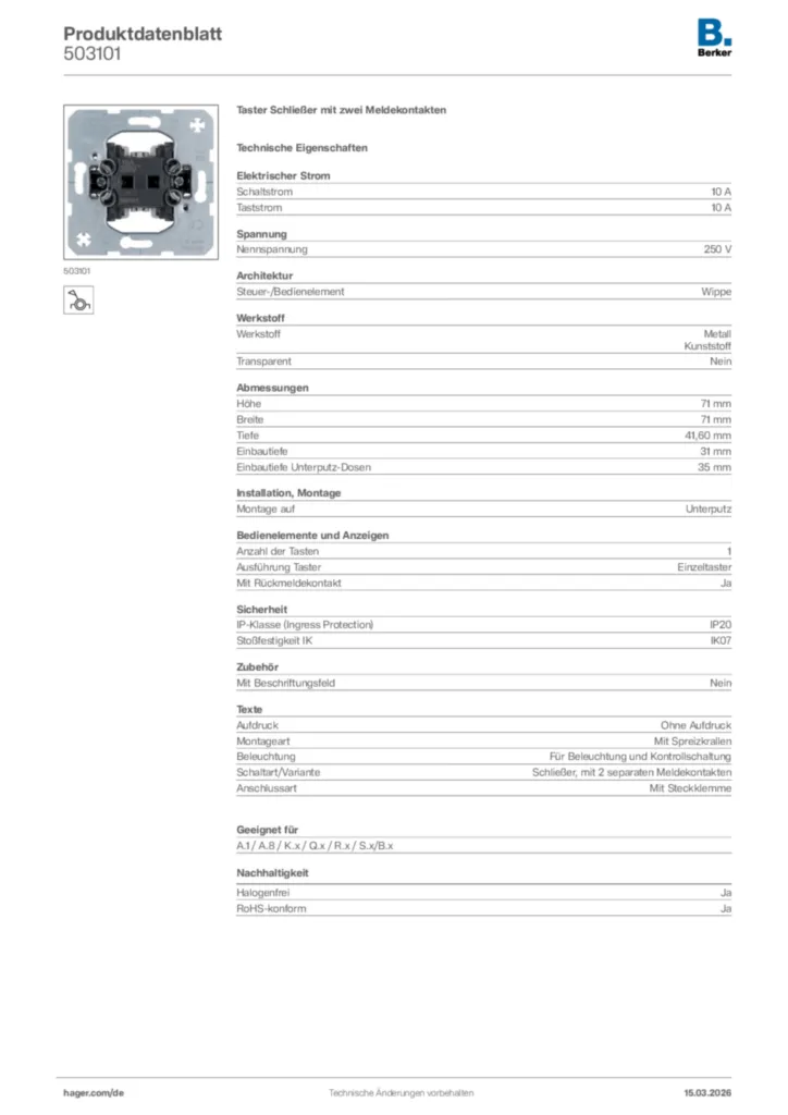 Bild Berker Produktdatenblatt 503101 | Hager Deutschland