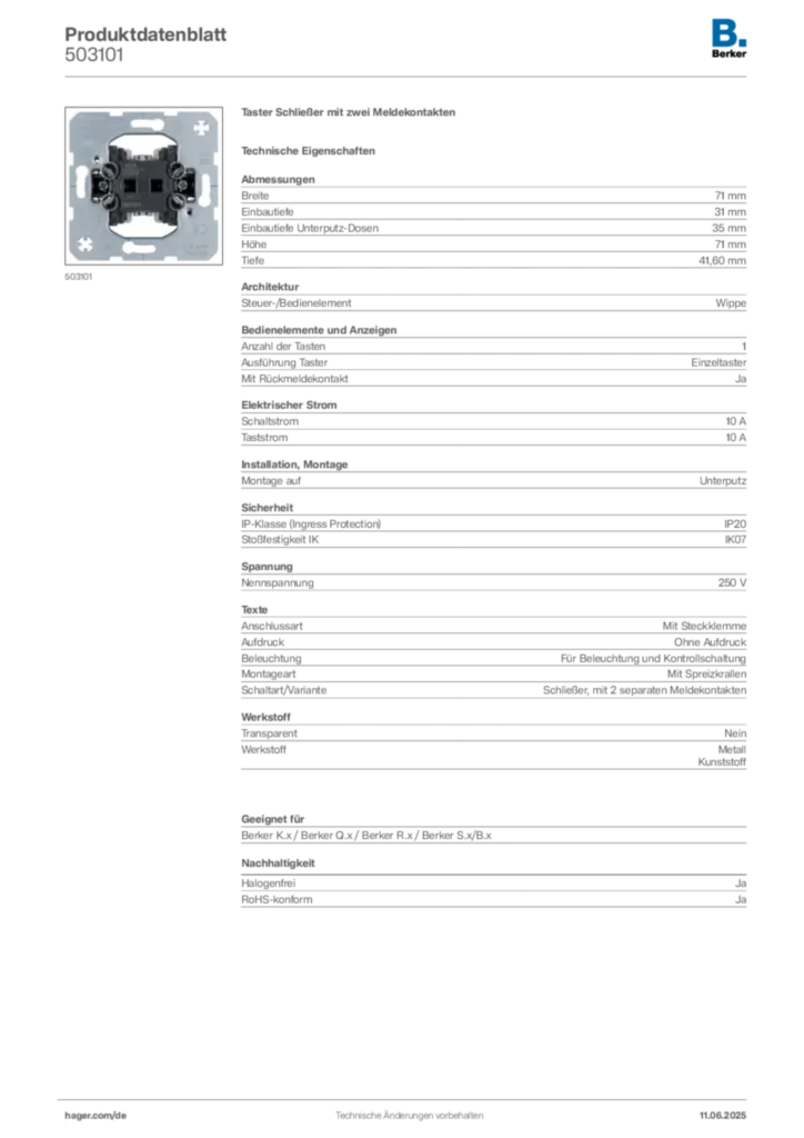 Bild Berker Produktdatenblatt 503101 | Hager Deutschland