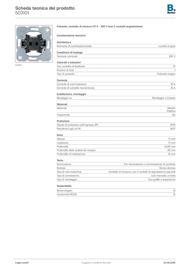 Immagine Berker Scheda tecnica del prodotto 503101 | Hager Italia