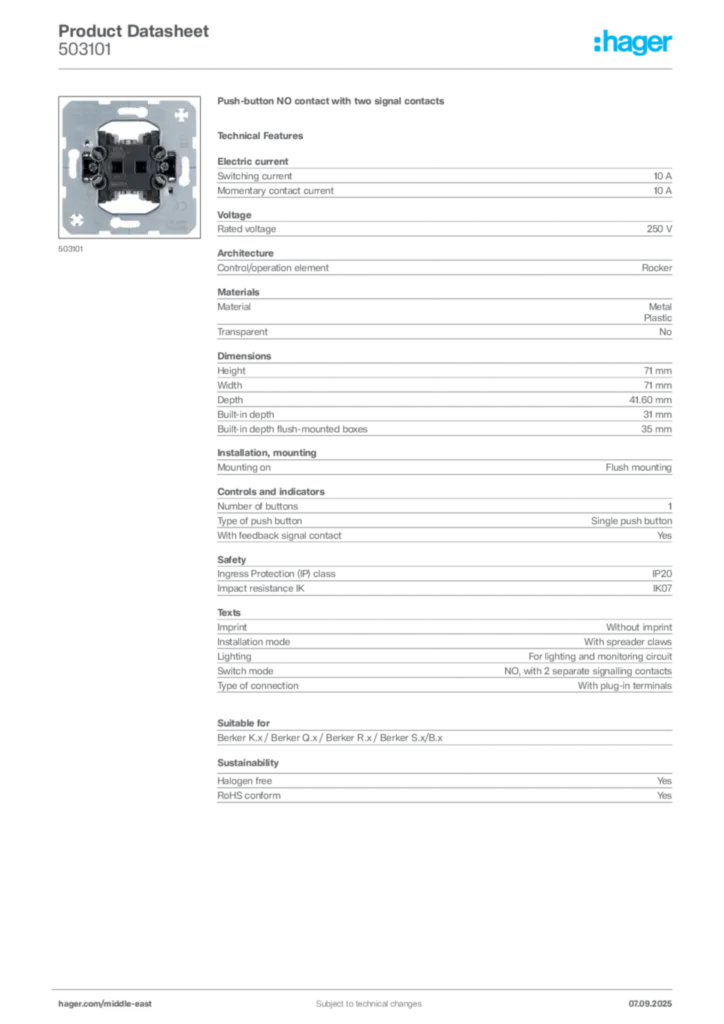Image Hager Product data sheet 503101  | Hager