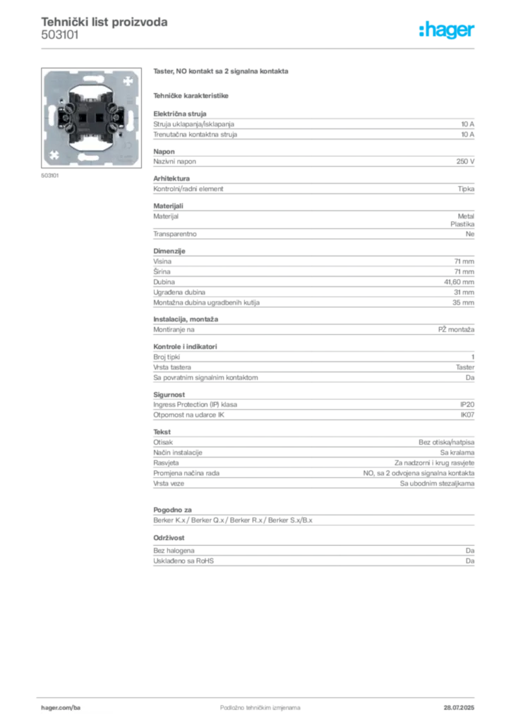 Slika Hager Product data sheet 503101  | Hager