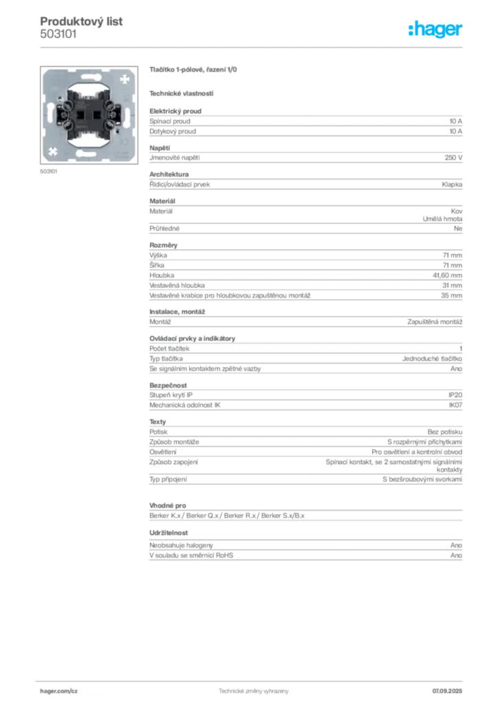 Obrázek Hager Produktový list 503101 | Hager