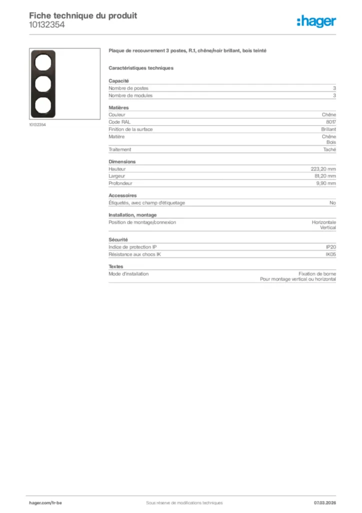 Image Hager Fiche technique du produit 10132354 | Hager Belgique