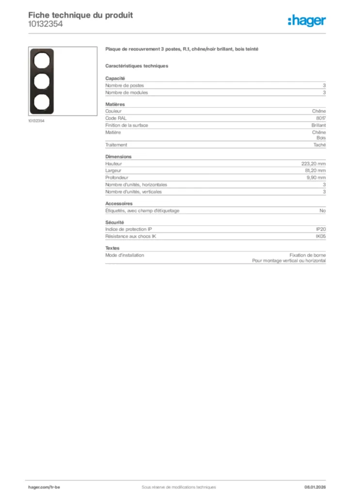 Image Hager Fiche technique du produit 10132354 | Hager Belgique