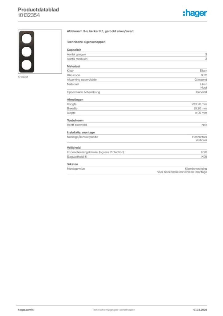 Afbeelding Hager Productdatablad 10132354 | Hager Nederland