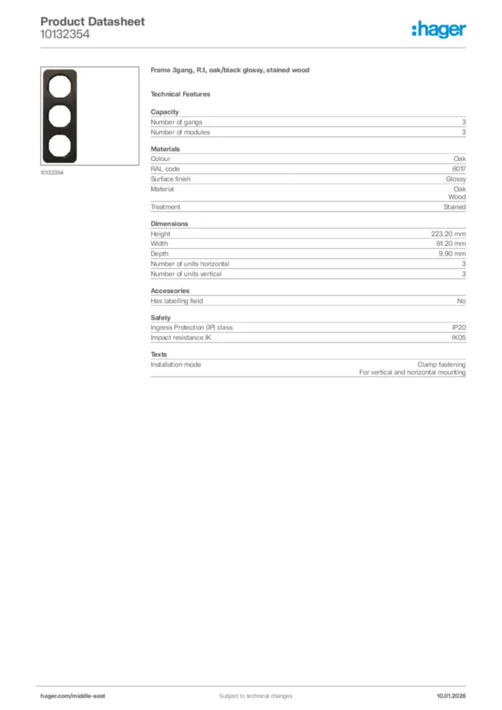 Image Hager Product data sheet 10132354  | Hager
