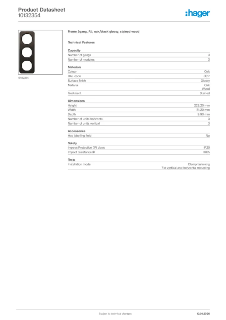 Image Hager Product data sheet 10132354  | Hager