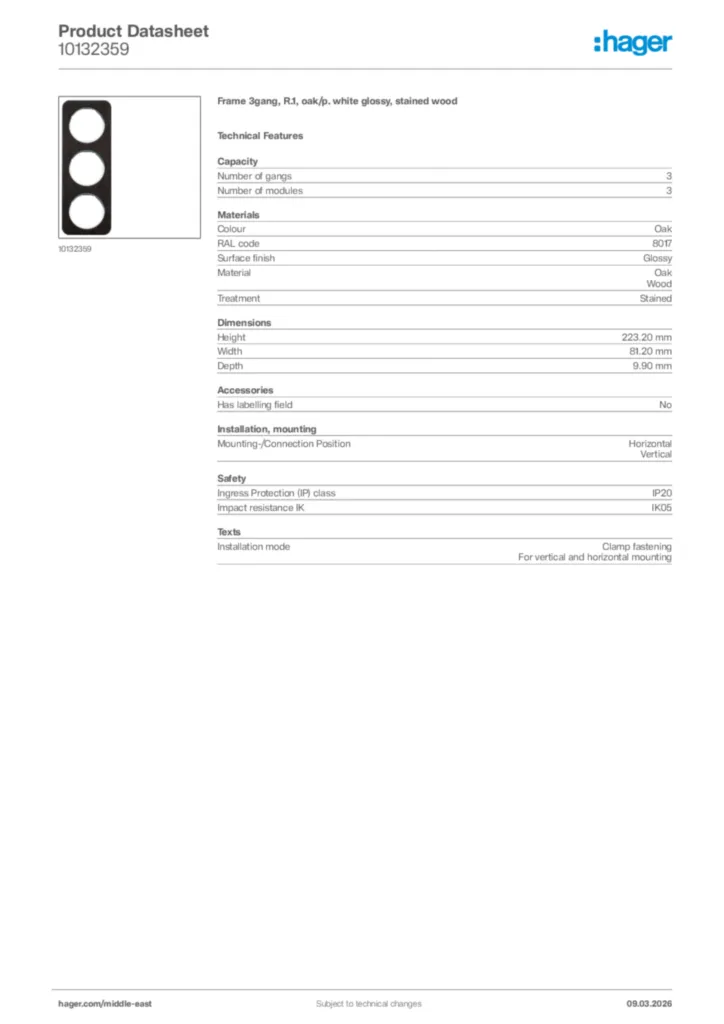 Image Hager Product data sheet 10132359  | Hager