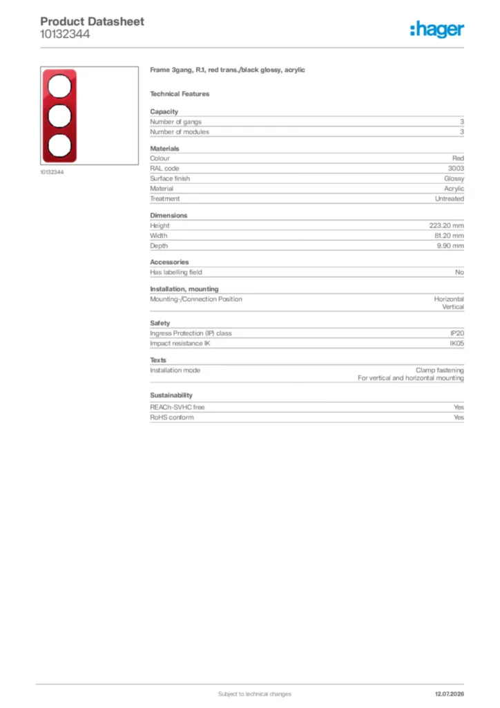 Image Hager Product data sheet 10132344  | Hager Africa