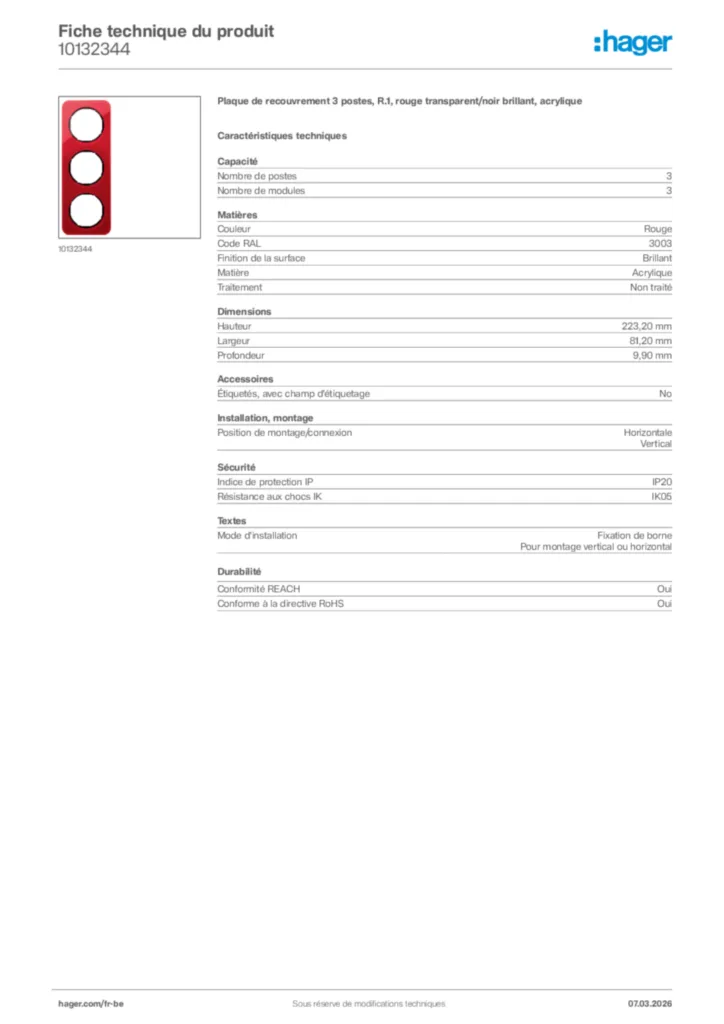 Image Hager Fiche technique du produit 10132344 | Hager Belgique