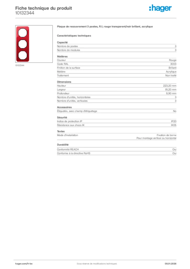 Image Hager Fiche technique du produit 10132344 | Hager Belgique