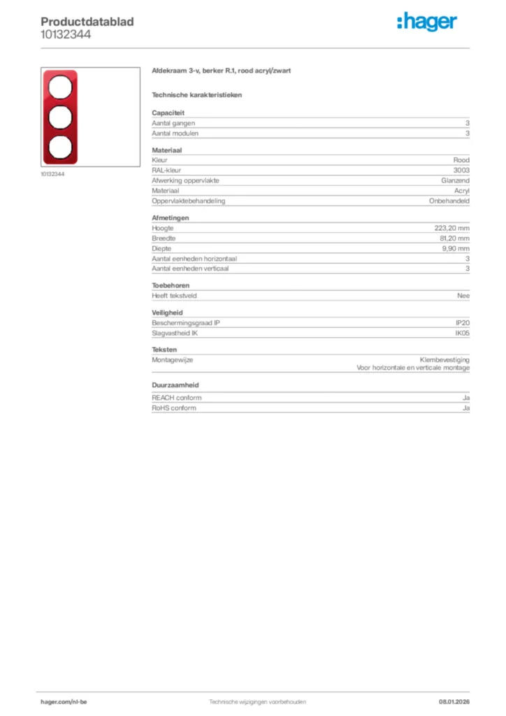 Afbeelding Hager Productdatablad 10132344 | Hager Belgium