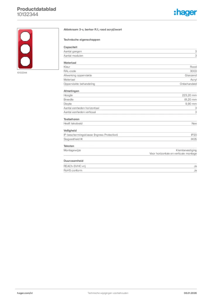 Afbeelding Hager Productdatablad 10132344 | Hager Nederland