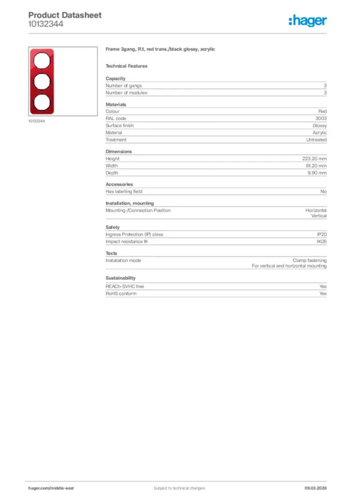 Image Hager Product data sheet 10132344  | Hager