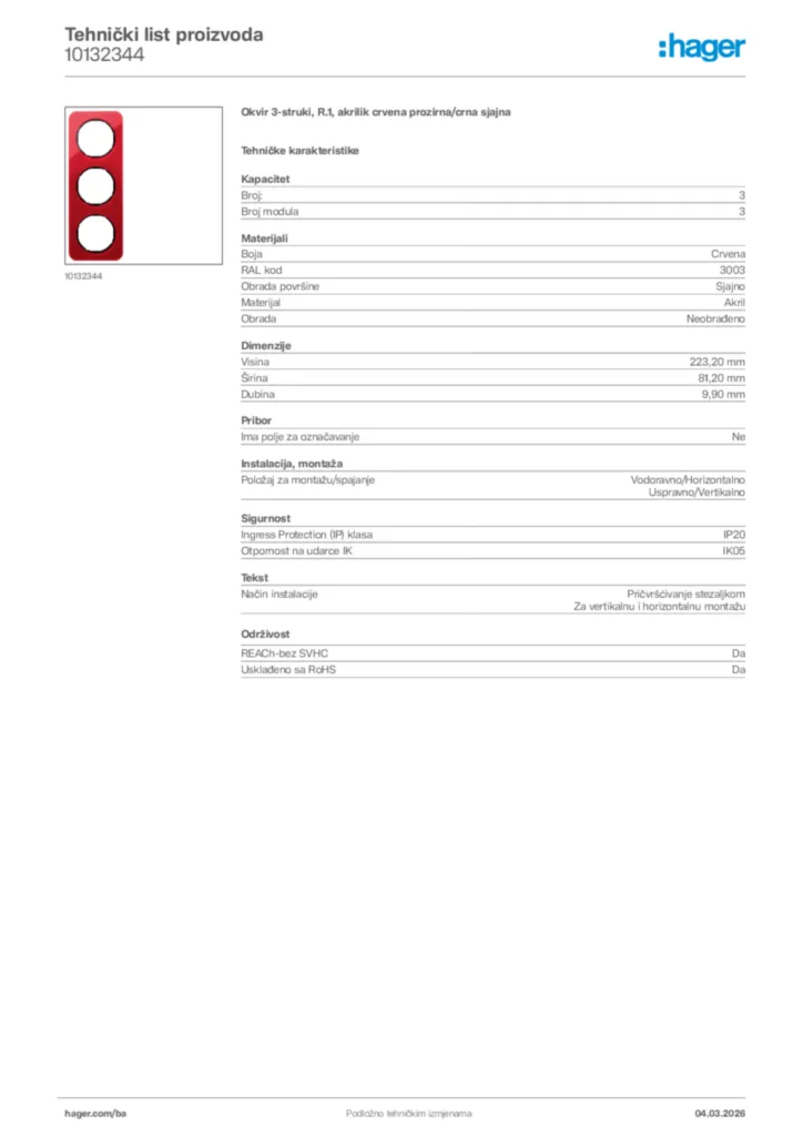 Slika Hager Tehnički list proizvoda 10132344  | Hager