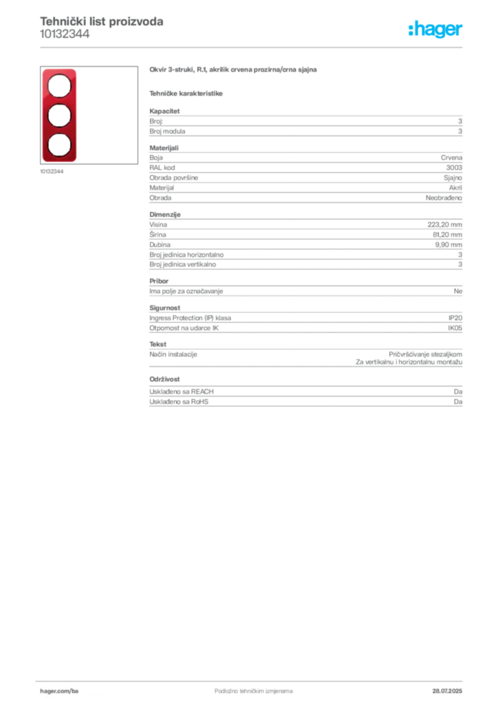 Slika Hager Product data sheet 10132344  | Hager