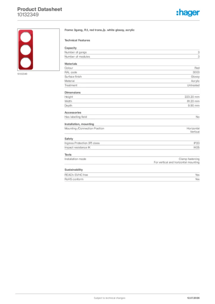 Image Hager Product data sheet 10132349  | Hager Africa