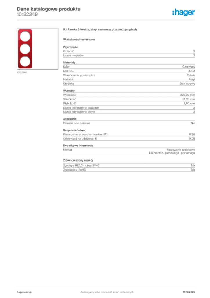 Zdjęcie Hager Karta katalogowa 10132349 | Hager Polska