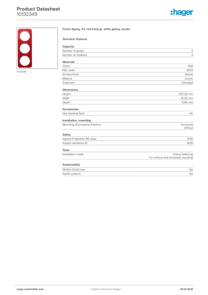 Image Hager Product data sheet 10132349  | Hager