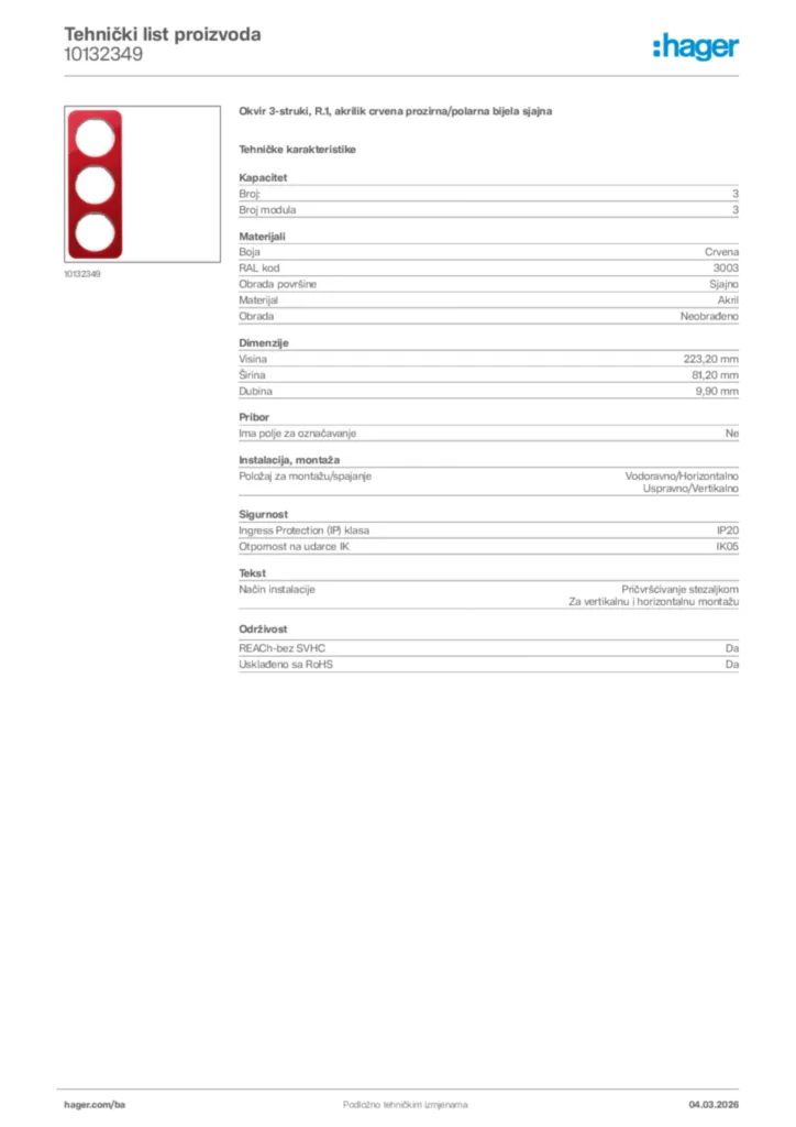 Slika Hager Tehnički list proizvoda 10132349  | Hager