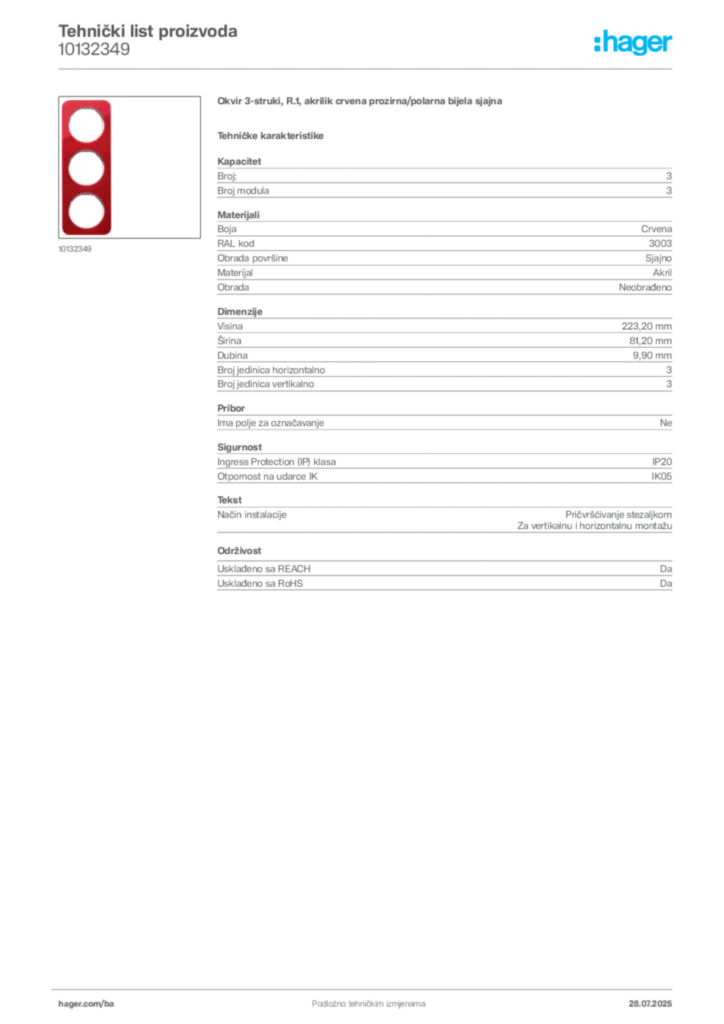 Slika Hager Product data sheet 10132349  | Hager