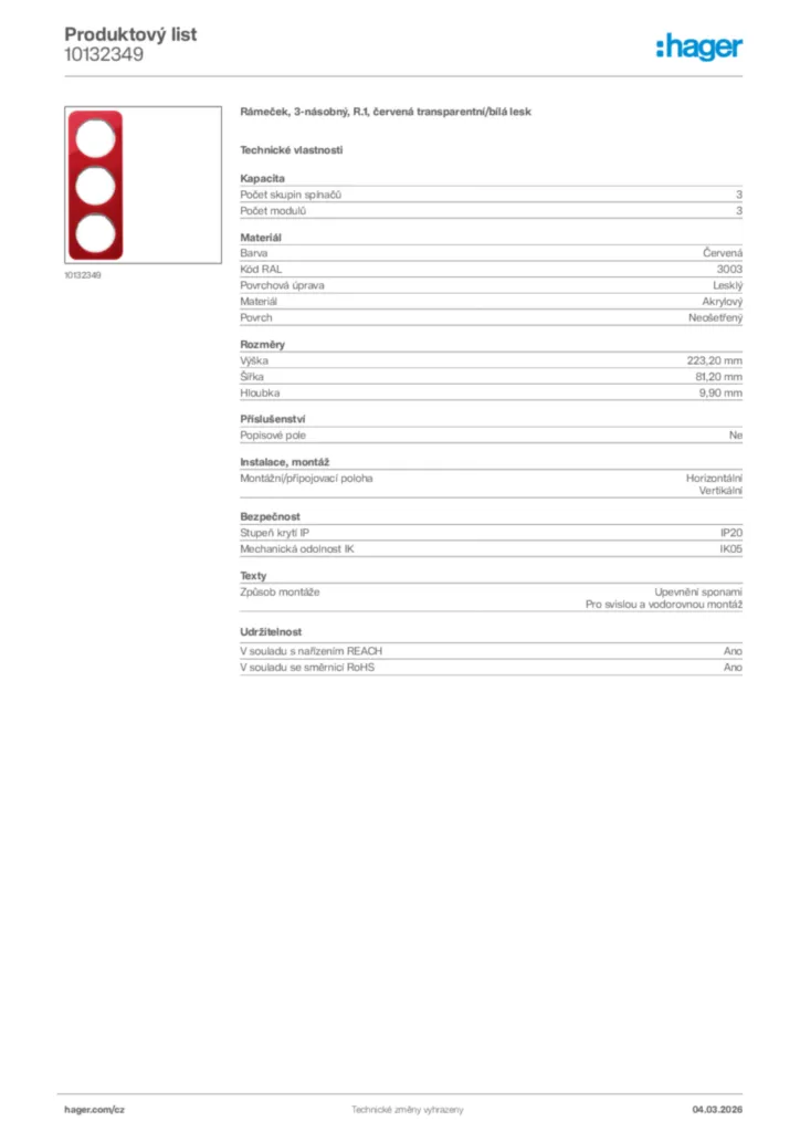 Obrázek Hager Product data sheet 10132349 | Hager