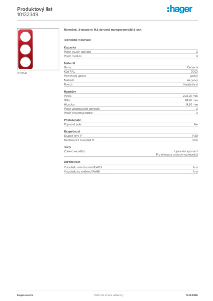 Obrázek Hager Produktový list 10132349 | Hager