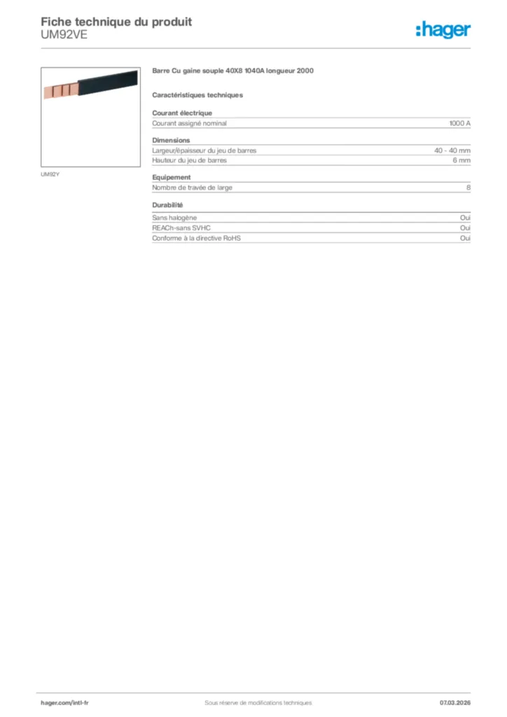 Image Hager Fiche technique du produit UM92VE | Hager Afrique
