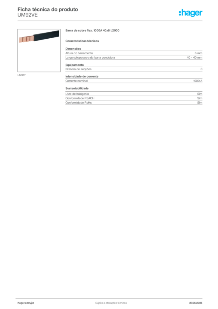 Imagem Hager Ficha técnica do produto UM92VE | Hager Portugal