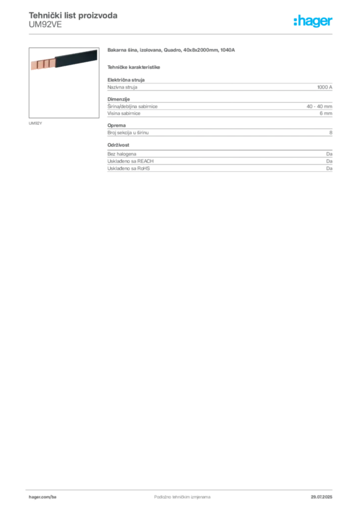 Slika Hager Product data sheet UM92VE  | Hager