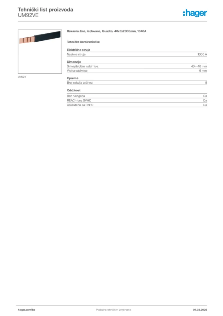 Slika Hager Tehnički list proizvoda UM92VE  | Hager