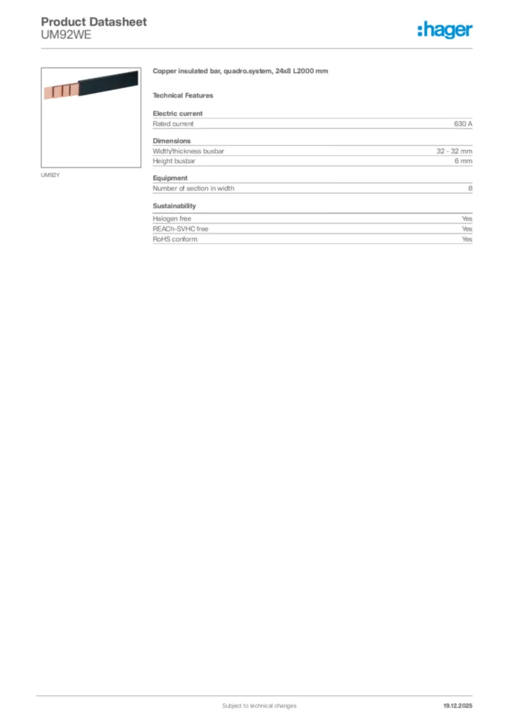 Image Hager Product data sheet UM92WE  | Hager Africa