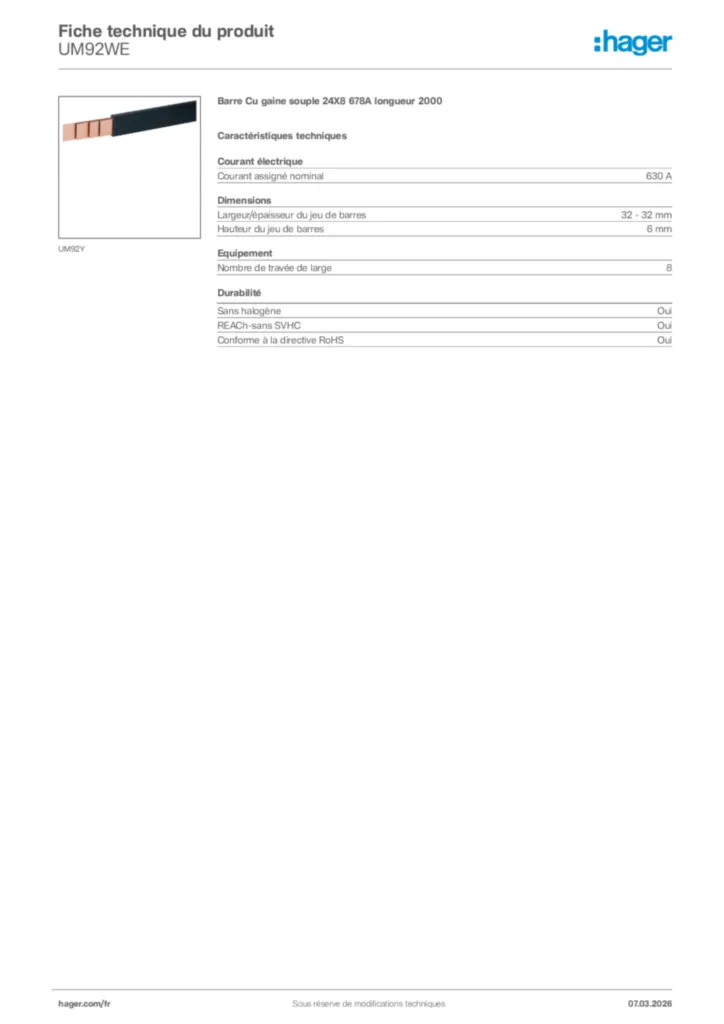 Image Hager Fiche technique du produit UM92WE | Hager France
